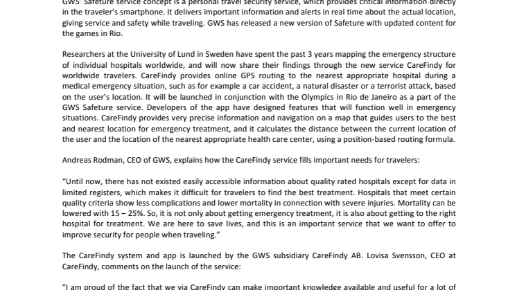 GWS launches CareFindy during Rio Olympics to help travelers locate the best emergency care