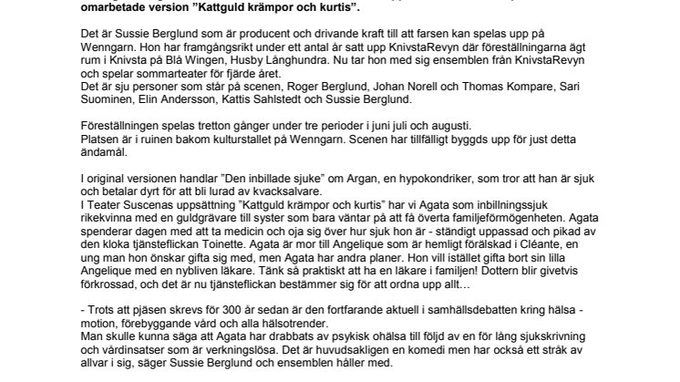 ”Kattguld krämpor och kurtis” spelas vid Wenngarns slott i sommar.