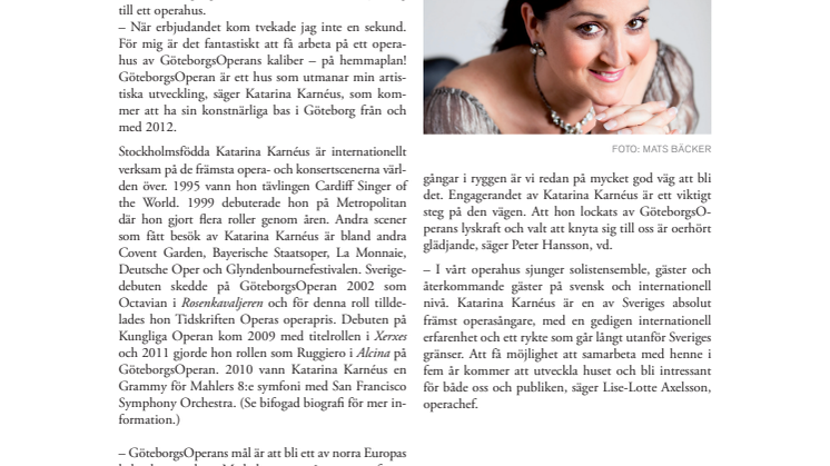 KATARINA KARNÉUS NY SOLIST PÅ GÖTEBORGSOPERAN