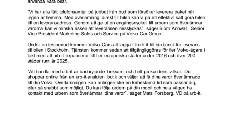 Nu kan du få varor överlämnade direkt till bilen i unikt samarbete mellan urb-it och Volvo Cars