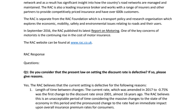 RAC Insurance responds to MoJ consultation on changes to the personal injury discount rate