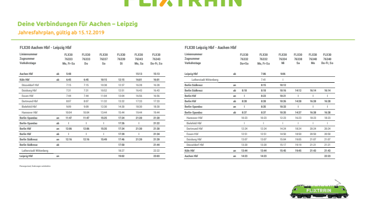 Fahrplan FlixTrain - Verbindung Aachen - Leipzig