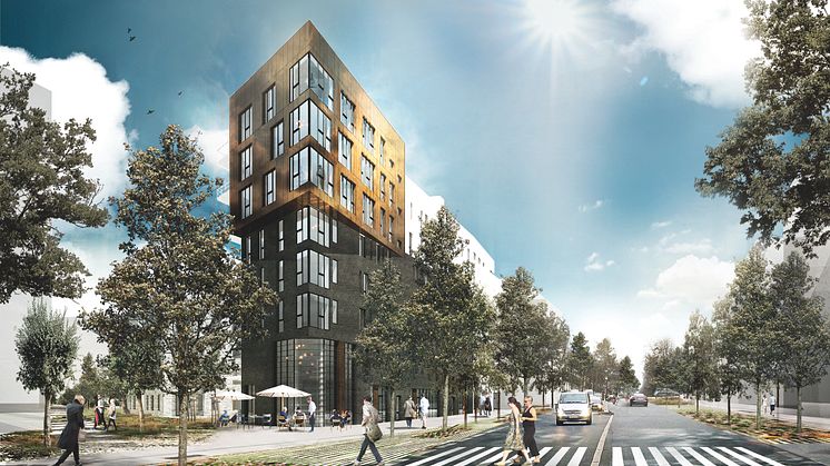 Hyllie Corner, vy från nordost Hyllie allé. Illustration Juul & Frost Arkitekter