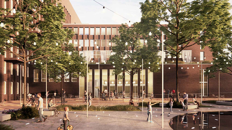 Bild 3 Drotsen 1. Perspektiv väster restaurang. Illustration Heimstaden