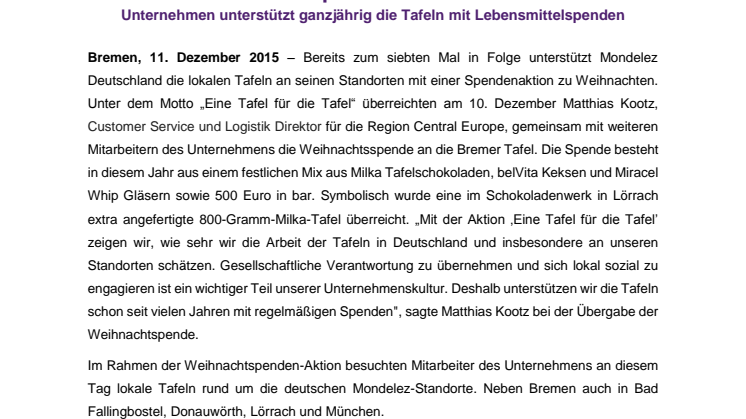 „Eine Tafel für die Tafel“ - Mondelez Deutschland überreicht Weihnachtsspende an Bremer Tafel
