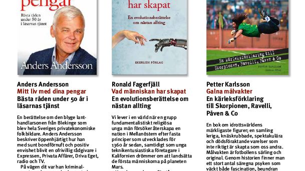 Memoar av Anders Andersson, Ronald Fagerfjäll om evolutionen, historien om Hemfrid och galna målvakter bland Ekerlids Förlags vårutgivning