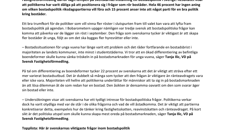 Ny undersökning inför valet visar: Riksdagspartierna får lågt betyg  kring bostadspolitiska frågor