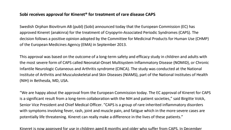 Sobi receives approval for Kineret® for treatment of rare disease CAPS