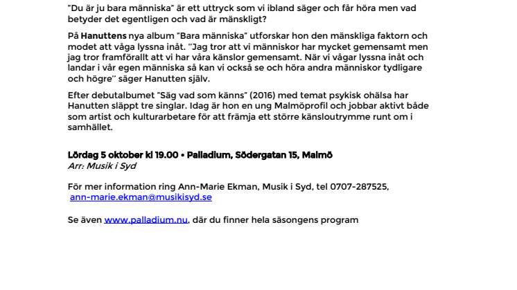 Releasekonsert med Hanutten – ”Bara människa” – på Palladium Malmö 5 oktober