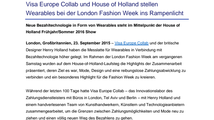 Visa Europe Collab und House of Holland stellen Wearables bei der London Fashion Week ins Rampenlicht