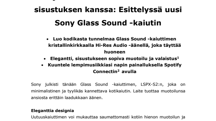 Kristallinkirkas Hi-Res Audio -ääni, joka on harmoniassa kodin sisustuksen kanssa: Esittelyssä uusi Sony Glass Sound -kaiutin