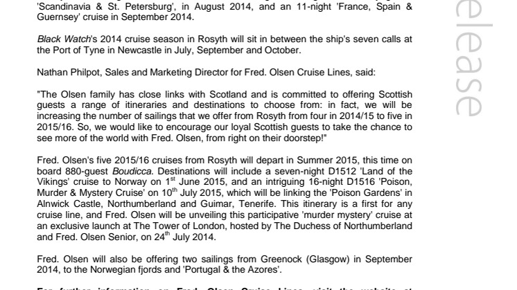 Fred. Olsen Cruise Lines’ Black Watch to start new cruise season from Rosyth in Summer 2014
