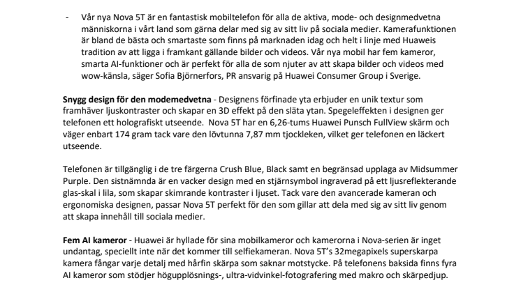 Huawei lanserar uppstickaren Nova 5T  – magisk porträttfunktion och fem AI-kameror 