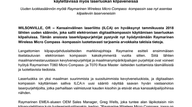 Raymarine: Raymarinen maailmanluokan Wireless Micro Compass -kompassi on nyt käytettävissä myös laserluokan kilpaveneissä
