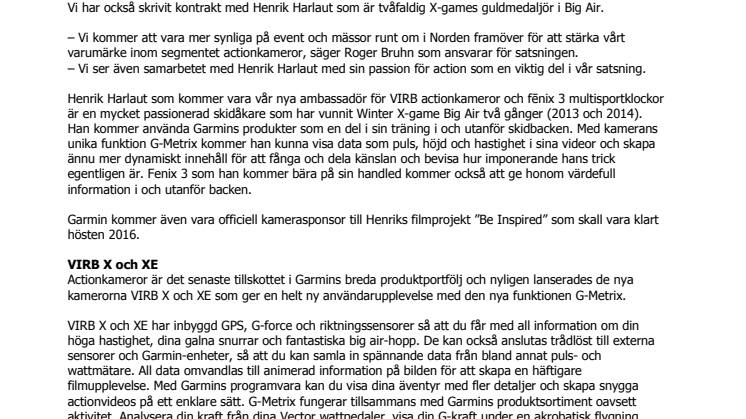 Garmin® satsar stort på actionkameran VIRB® i Norden och skriver sponsoravtal med Henrik Harlaut