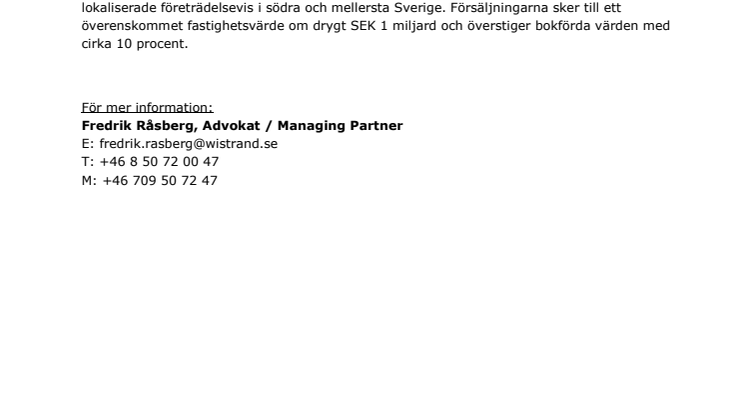 ​Wistrand biträder SBB vid försäljning av fastigheter med fastighetsvärde om drygt 1 mdkr