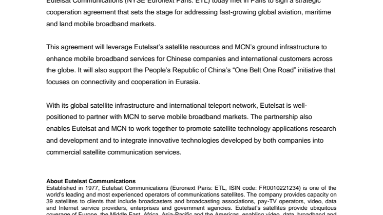 Eutelsat Communications and Beijing Marine Communication & Navigation Company sign strategic cooperation agreement 