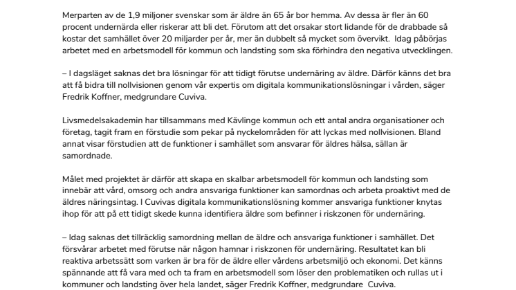 Idag startar Nollvisionen för undernäring hos äldre –  Cuviva deltar i Vinnova-finansierat projekt