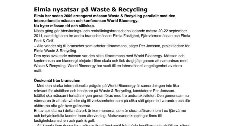 Elmia nysatsar på Waste & Recycling