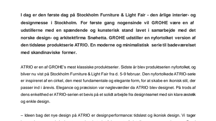 Oplev GROHE’s nyfortolkning af ATRIO-serien på Stockholm Furniture & Light Fair