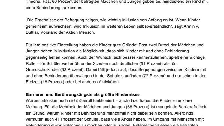 Aktion Mensch-Umfrage zum Weltkindertag 2018 zeigt: Für Kinder gehört Inklusion heute schon zur Normalität