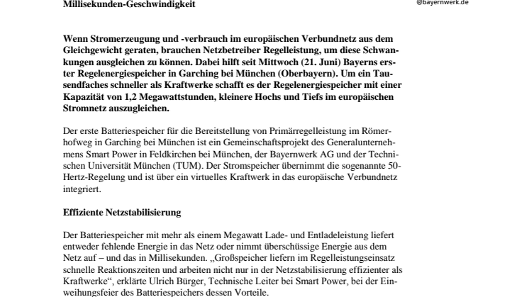 Bayerns erster Regelenergiespeicher am Netz