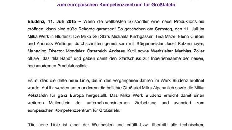 Süße Rekorde im Milka Werk Bludenz: Weltklasse Milka Ski Stars eröffnen Weltklasse-Produktionslinie