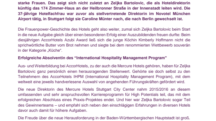 Frauen Power im Hotel: Zeljka Bartolovic neue Direktorin des Mercure Hotels Stuttgart City Center
