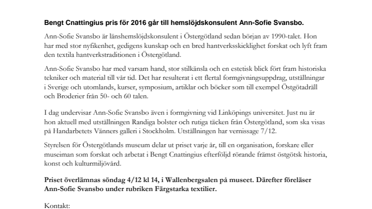 Ann-Sofie Svansbo får Cnattingiuspriset 2016