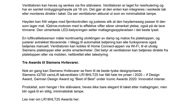 Siemens ventilator varioLift LR18HLT25 - høyderegulerbar ventilator for montering i taket.