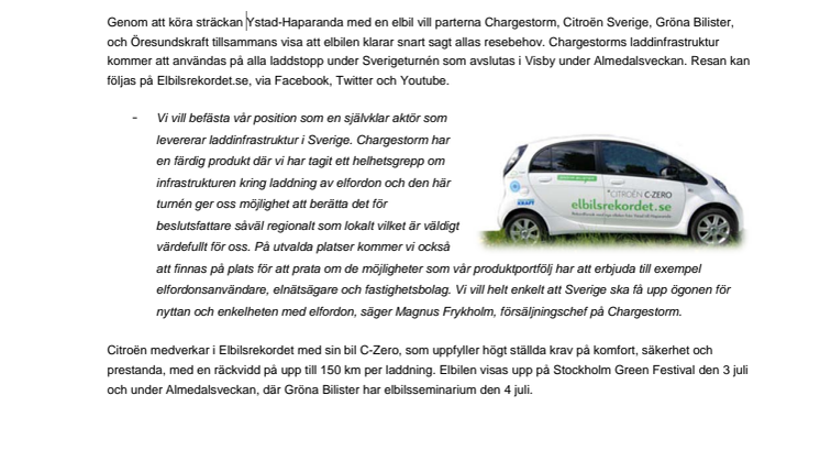 Chargestorm förser elbil på turné i Sverige med laddmöjligheter 