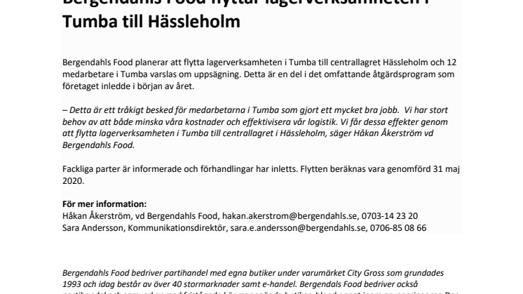 Bergendahls Food flyttar lagerverksamheten i Tumba till Hässleholm