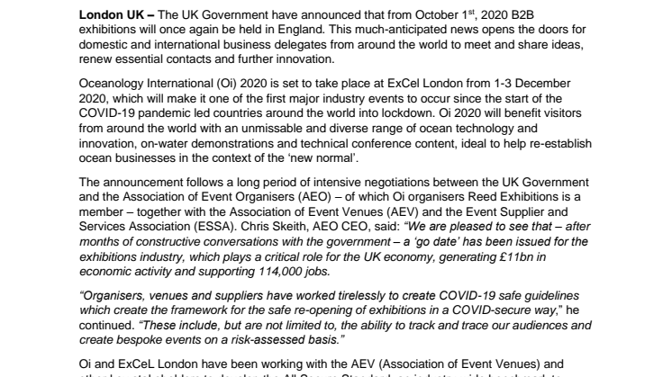 Oceanology International: UK Government approves exhibitions from October 1st, 2020