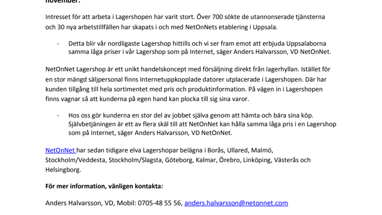 30 nya arbetstillfällen när NetOnNet öppnar Lagershop i Uppsala