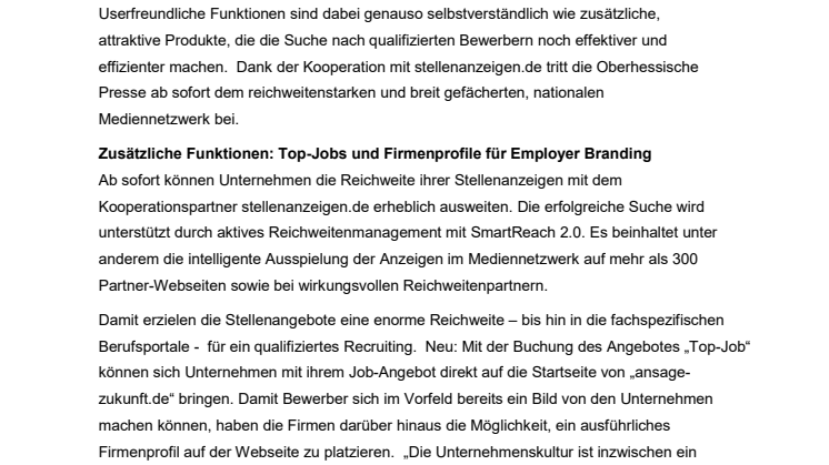 „Ansage Zukunft“ im neuen Look: Oberhessische Presse kooperiert mit stellenanzeigen.de 