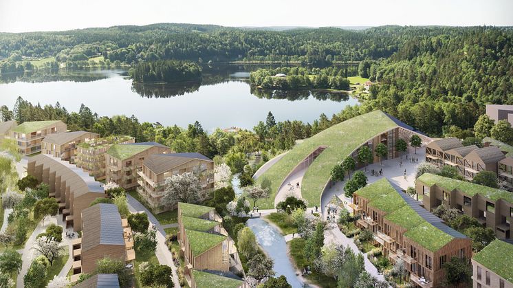 Trästaden Wendelstrand med cirka 1000 bostäder som Next Step Group ska utveckla vid Landvettersjön utanför Mölnlycke.