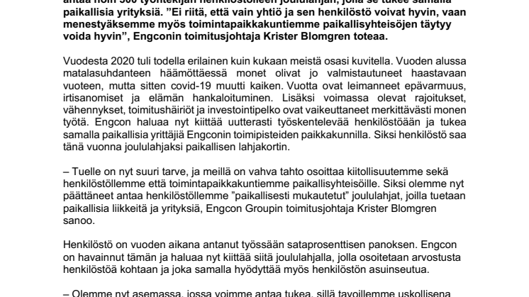 Engcon tukee tänä jouluna paikallisesti  – henkilöstö saa toimipisteensä paikkakuntaa tukevan joululahjan 