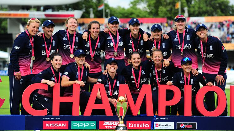 The England women's team with the ICC Women's World Cup in July.
