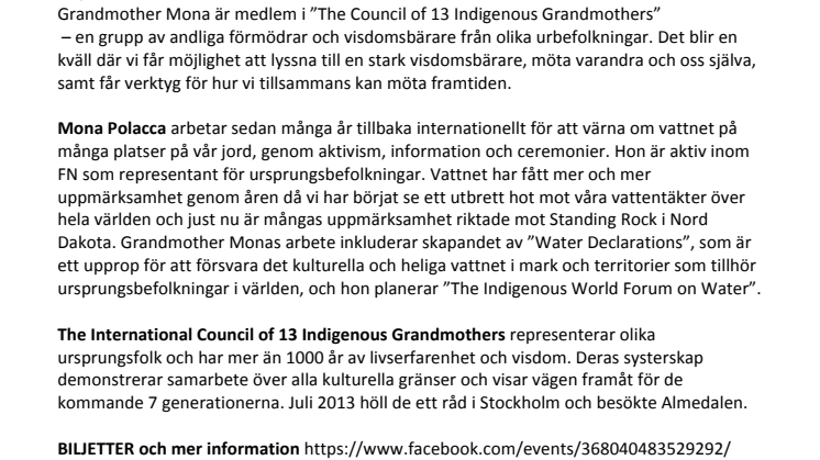 Indigenous Grandmother Mona i Stockholm 24/11! En kväll om naturens rättigheter, hotet mot vårt vatten och hur vi kan mötas i en turbulent värld