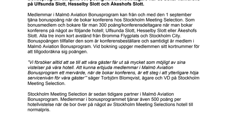 Nytt samarbete ger konferensbokare bonuspoäng i Malmö Aviation Bonusprogram!
