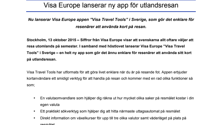 Visa Europe lanserar ny app för utlandsresan