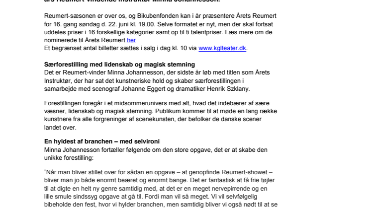 Billetsalget til Årets Reumert starter nu