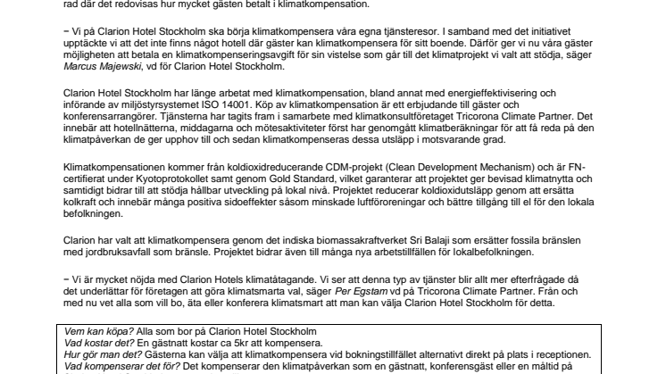Clarion Hotel Stockholm först med klimatkompenserade hotellnätter