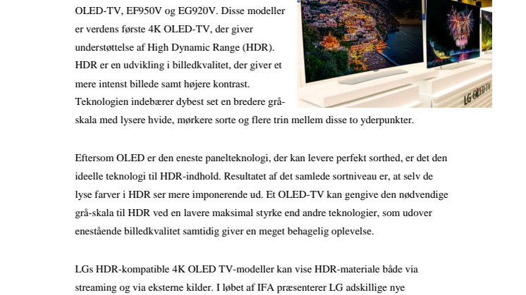 LG LANCERER VERDENS FØRSTE 4K OLED TV MED UNDERSTØTTELSE AF HIGH DYNAMIC RANGE (HDR)