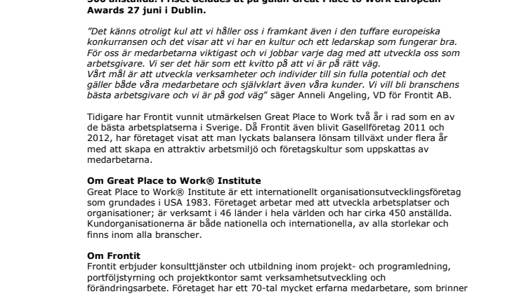 Frontit utsett till en av Europas bästa arbetsplatser!