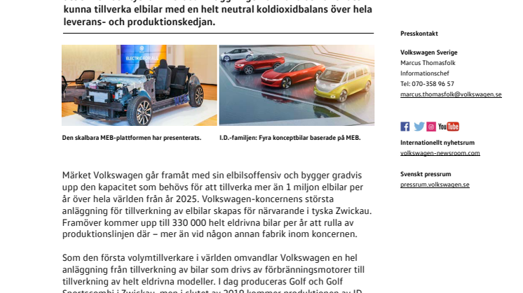 Volkswagen förbereder koldioxidneutral tillverkning av elbilar