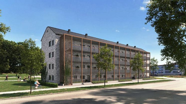Det första fullskaliga SilviaBo-projektet i Sverige blir färdigställt till H22 City Expo sommaren 2022. Bild: BoKlok