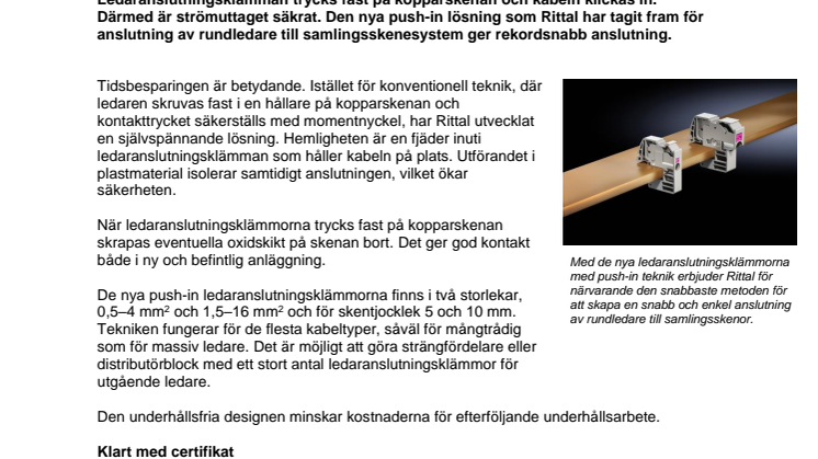 Rekordsnabb anslutning till kopparskenan