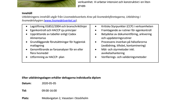 HACCP utbildning den 5 maj 2020