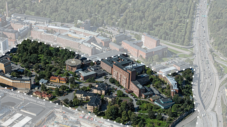 Bilden visar ett flygfoto över Solna sjukhusområde. Markeringen visar planområdet i Detaljplan 1.